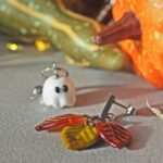 boucles oreilles automne perle verre file artisanal bijoux feuille hérisson champignon citrouille halloween baie fantome original createur unique bois pierre fine A22 (4)