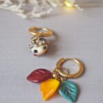 boucles oreilles automne perle verre file artisanal bijoux feuille hérisson champignon citrouille halloween baie fantome original createur unique bois pierre fine (55)