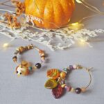 boucles oreilles automne perle verre file artisanal bijoux feuille hérisson champignon citrouille halloween baie fantome original createur unique bois pierre fine (62)