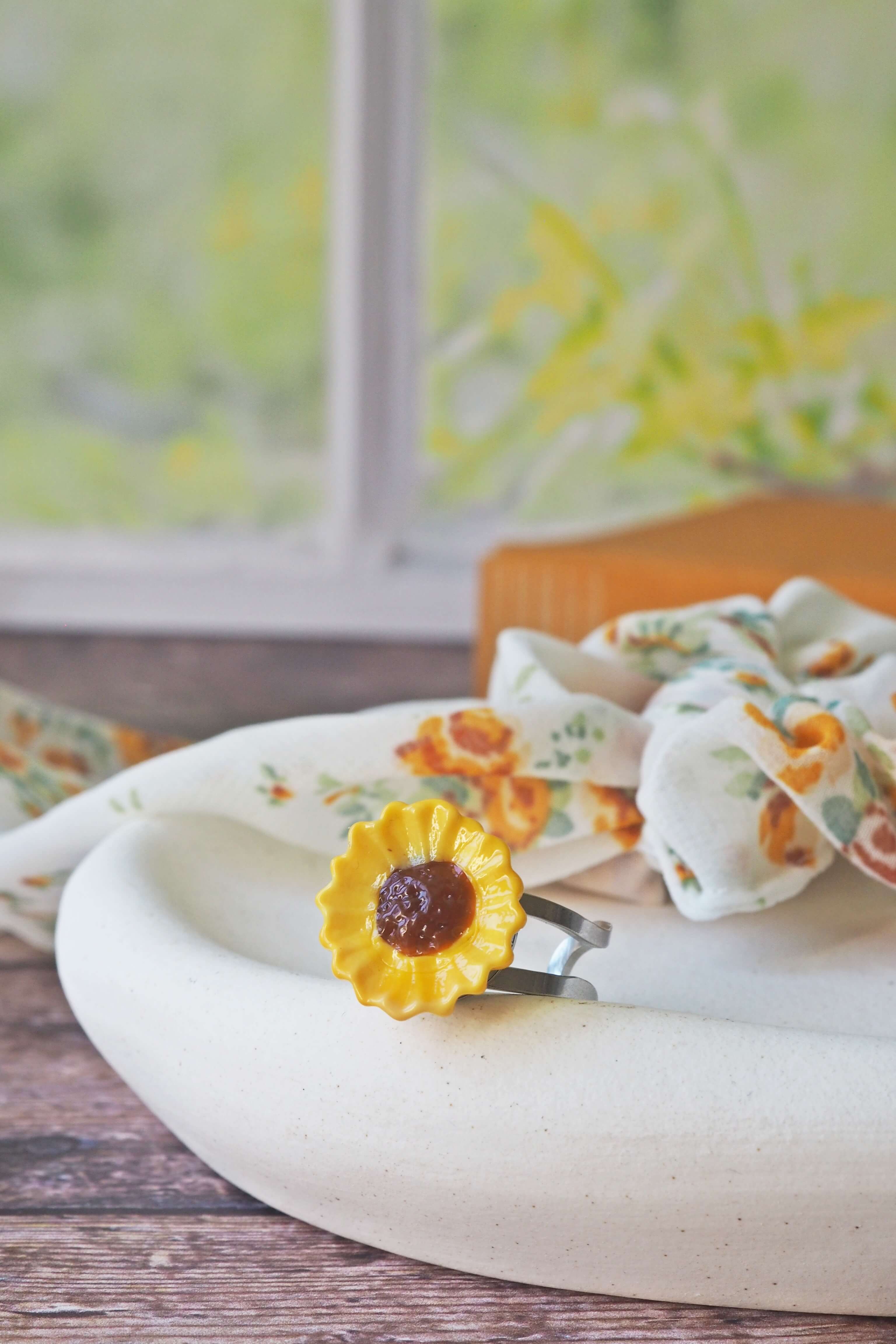fleurs tournesol philomène verre filé bijoux artisanal végétal unique jaune bague (1)