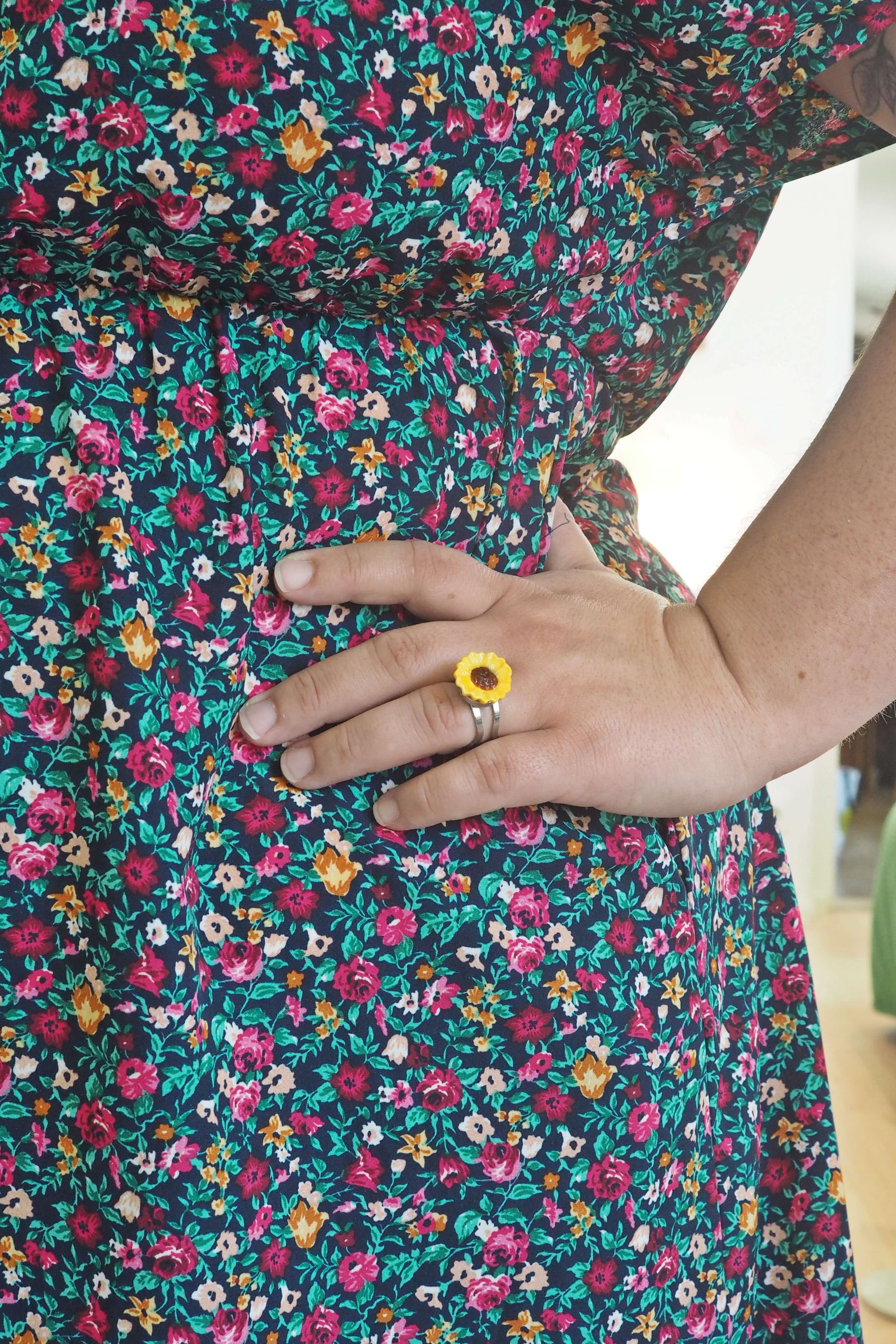 fleurs tournesol philomène verre filé bijoux artisanal végétal unique jaune bague (14)