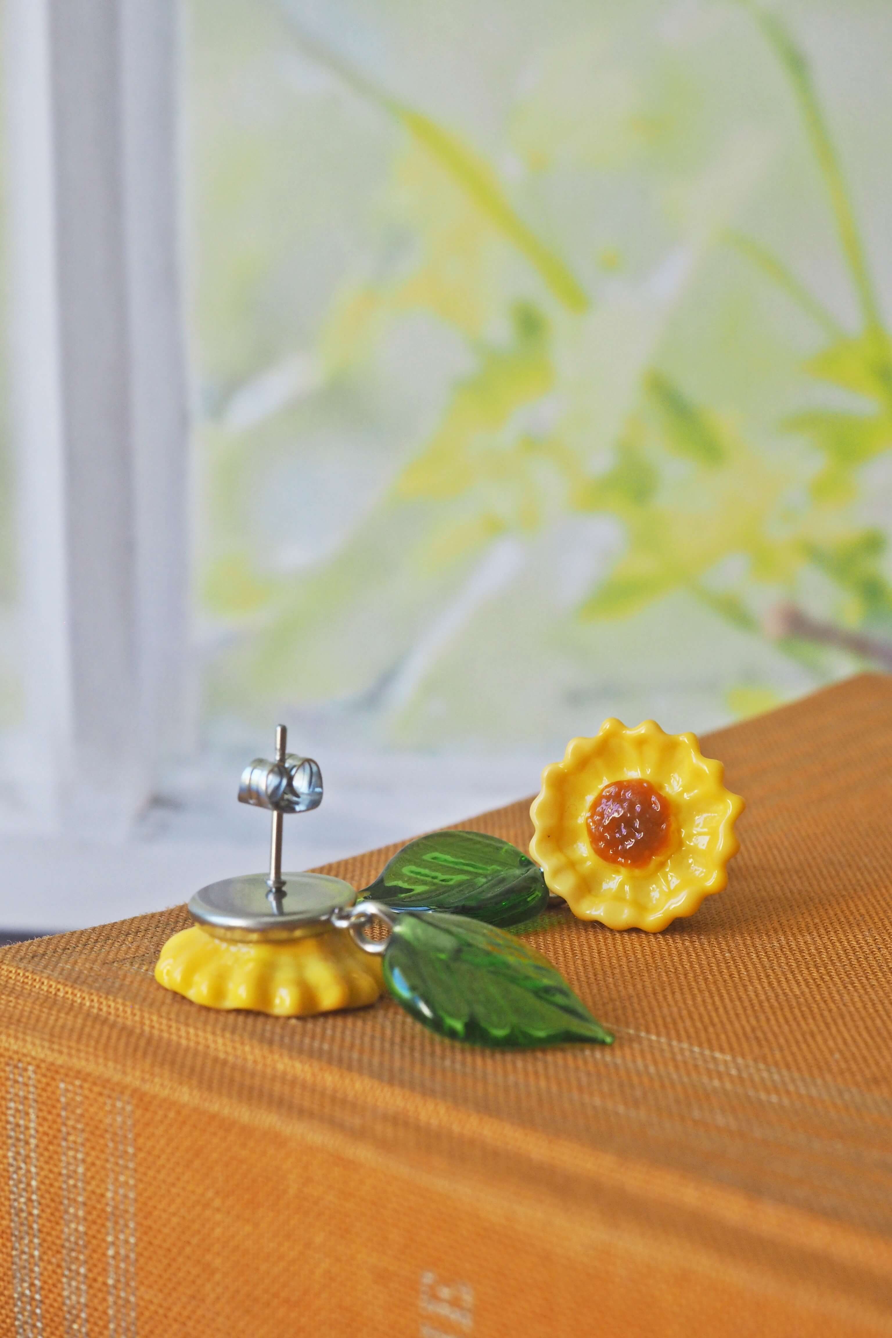 fleurs tournesol philomène verre filé bijoux artisanal végétal unique jaune boucles oreilles (4)